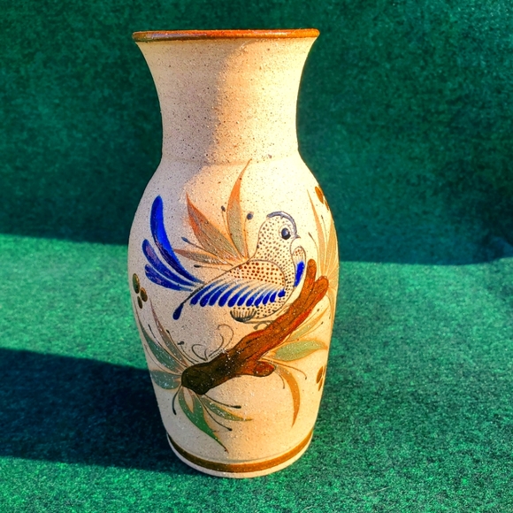 Mexican Pottery GF Tonala Vase Marked Lovely Design Bird & Flowers 8in No Chips - Picture 1 of 12